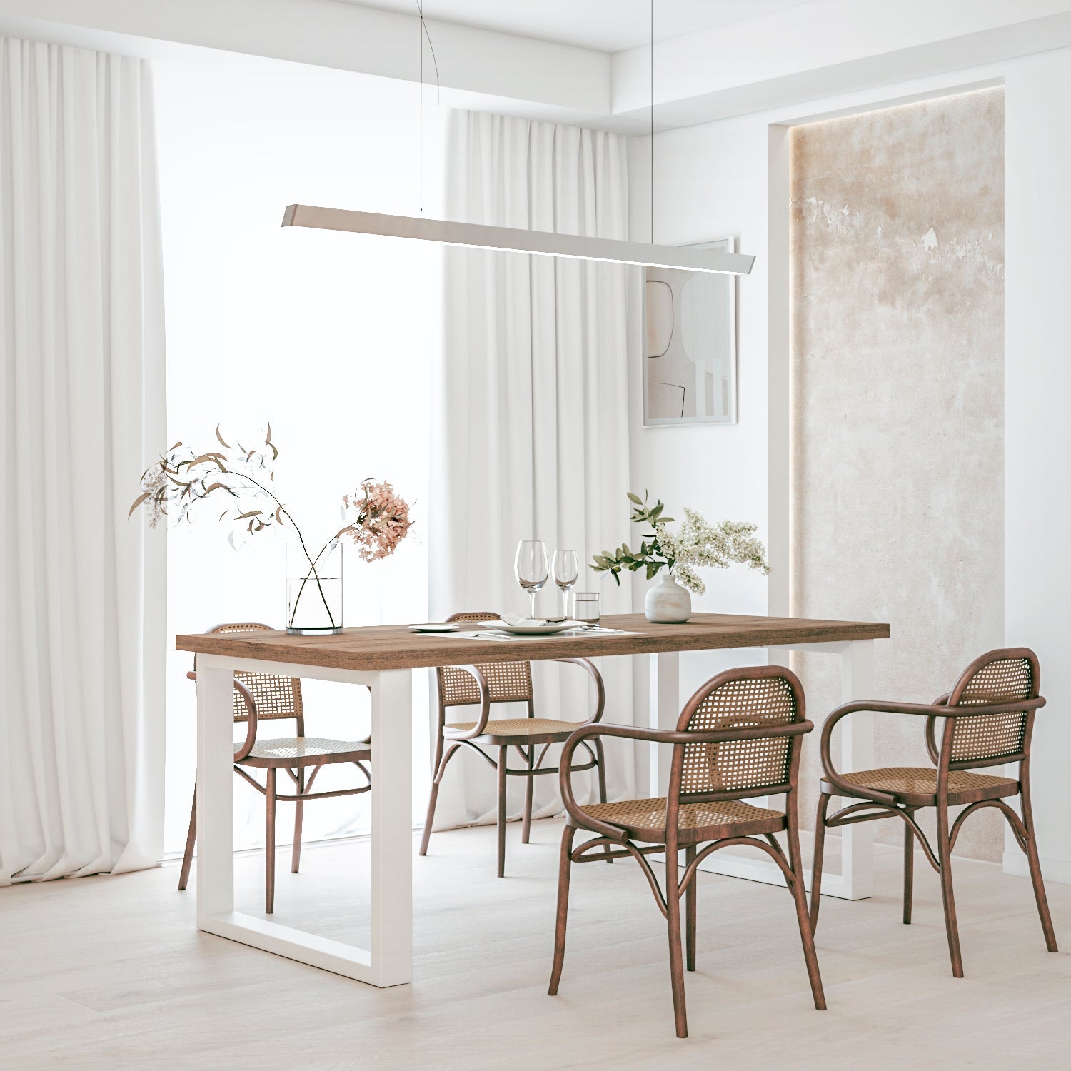 Mesa de comedor moderna, patas metálicas acero blanco, tablero melamina