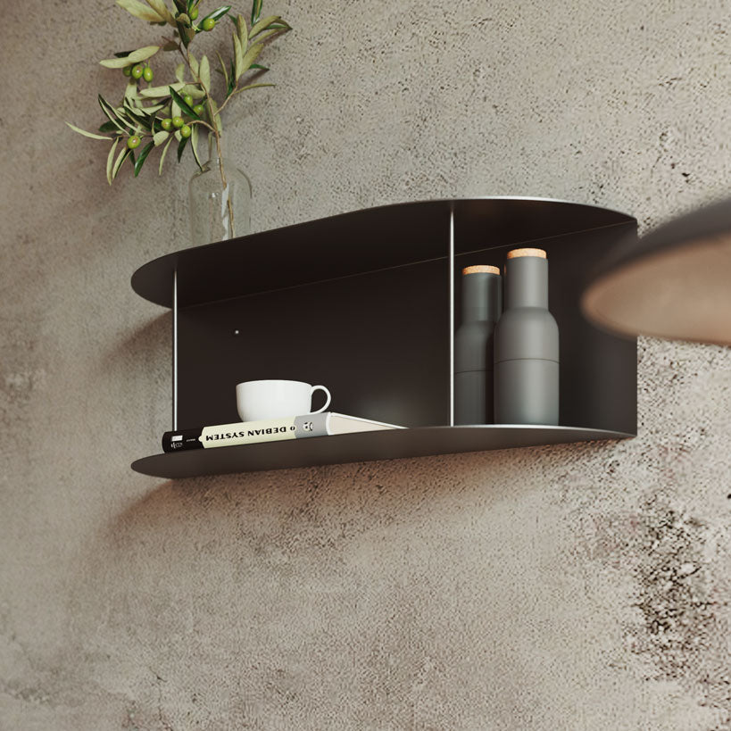 Recibidor flotante metálico pared, baldas, acero negro, entrada casa