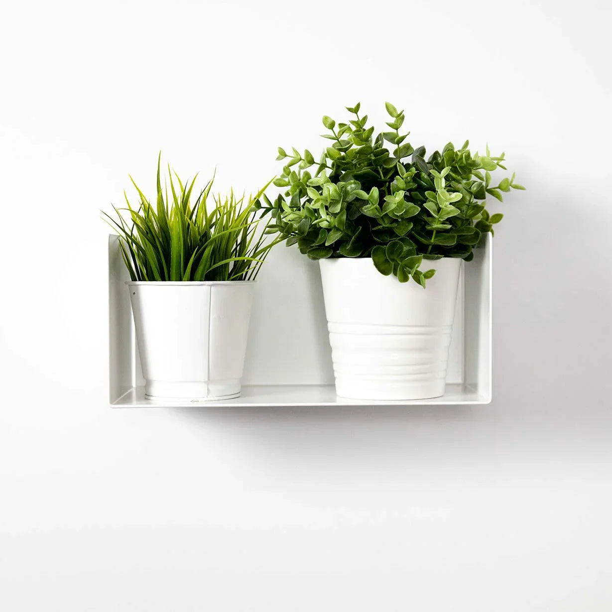 Estante flotante blanco minimalista con dos macetas y plantas verdes decorativas