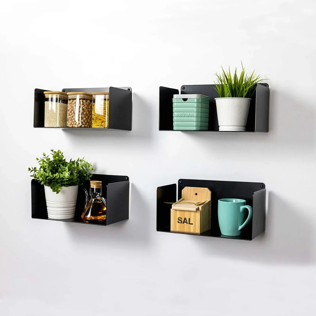 pack de estantes flotantes negros para pared, ideales para organizar cocina y decorar con plantas
