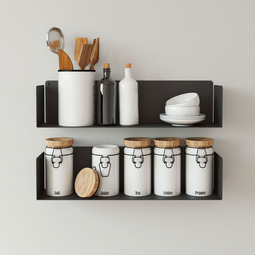 Pack 2 estantes para cocina de pared, acero negro, 60cm, para decoración y almacenaje botes