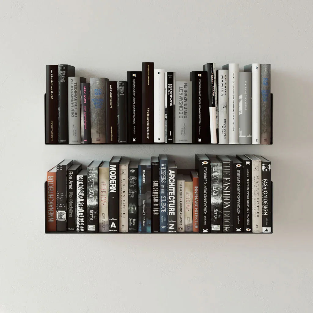 Pack 2 baldas negras para libros, anclaje en pared, acero resistente, decoración