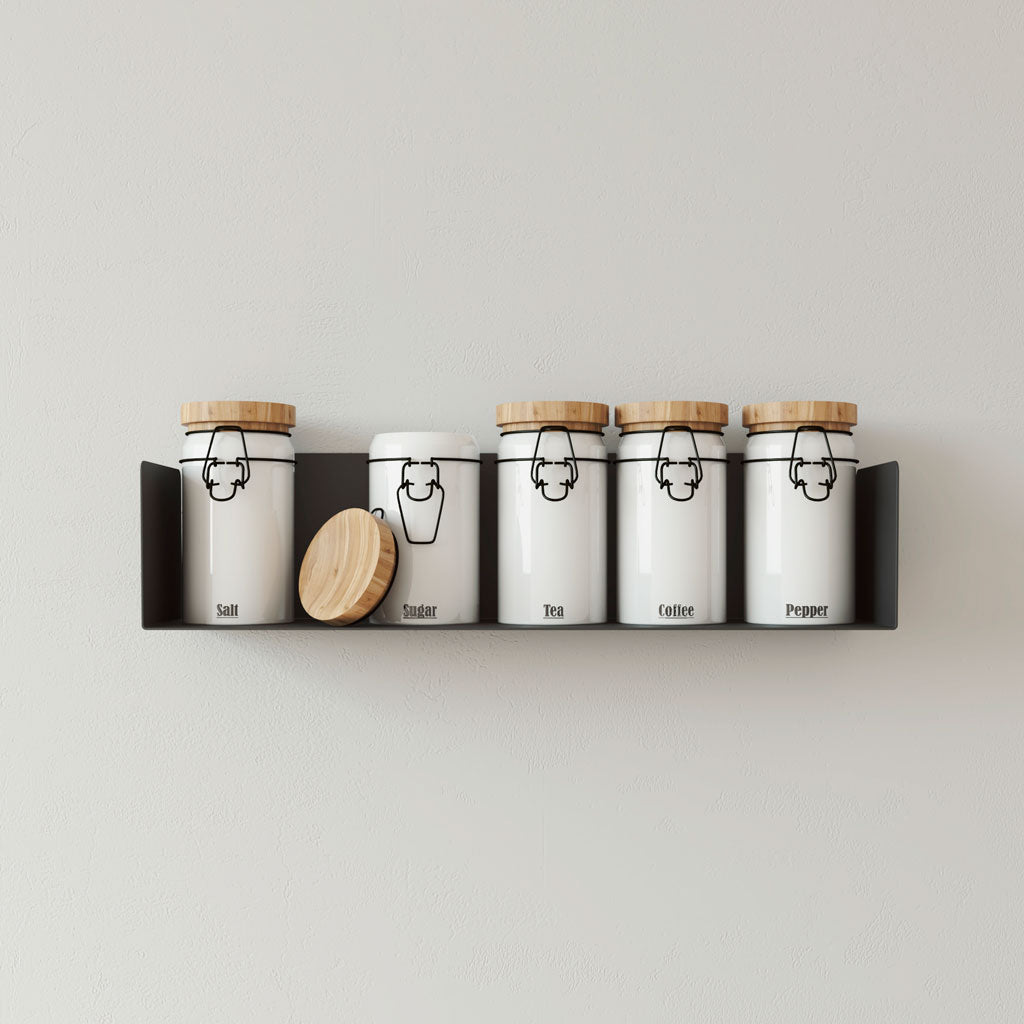 Estante para cocina pared flotante, metal negro, para botes especieros y utensilios, diseño minimalista