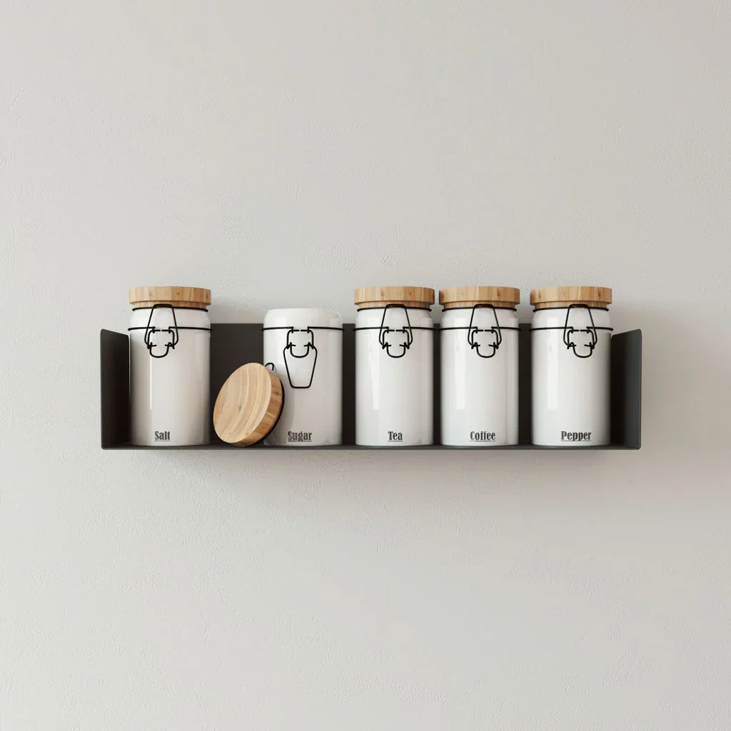 Estante para cocina pared flotante, metal negro, para botes especieros y utensilios, diseño minimalista