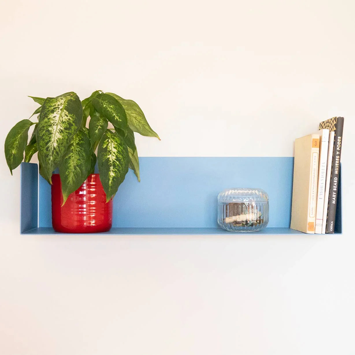 Estante flotante azul de acero para libros, cocina y decoración