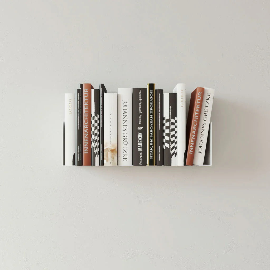 Estante flotante para libros de pared, metal blanco, minimalista y moderno