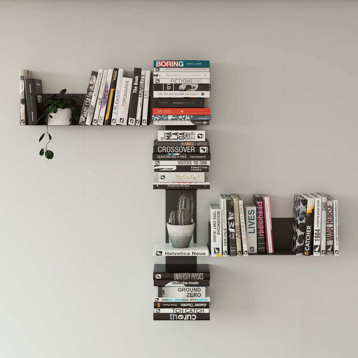 Estantería flotante negra con libros en la pared, metal resistente, diseño minimalista y original