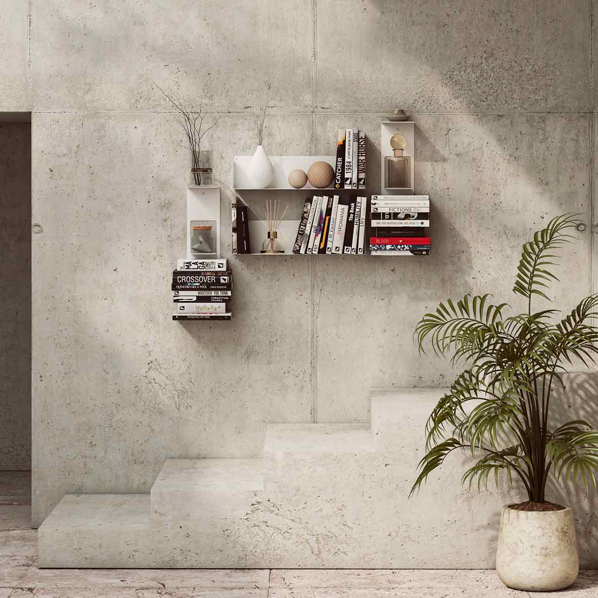 Estantería blanca de metal para pared para libros y decoración, estilo industrial moderno
