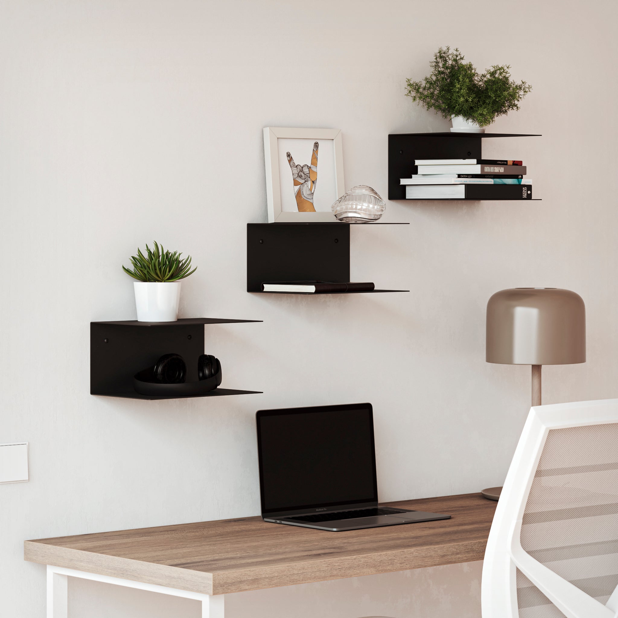 Estantes flotantes de dos baldas negro para pared oficina o estudio