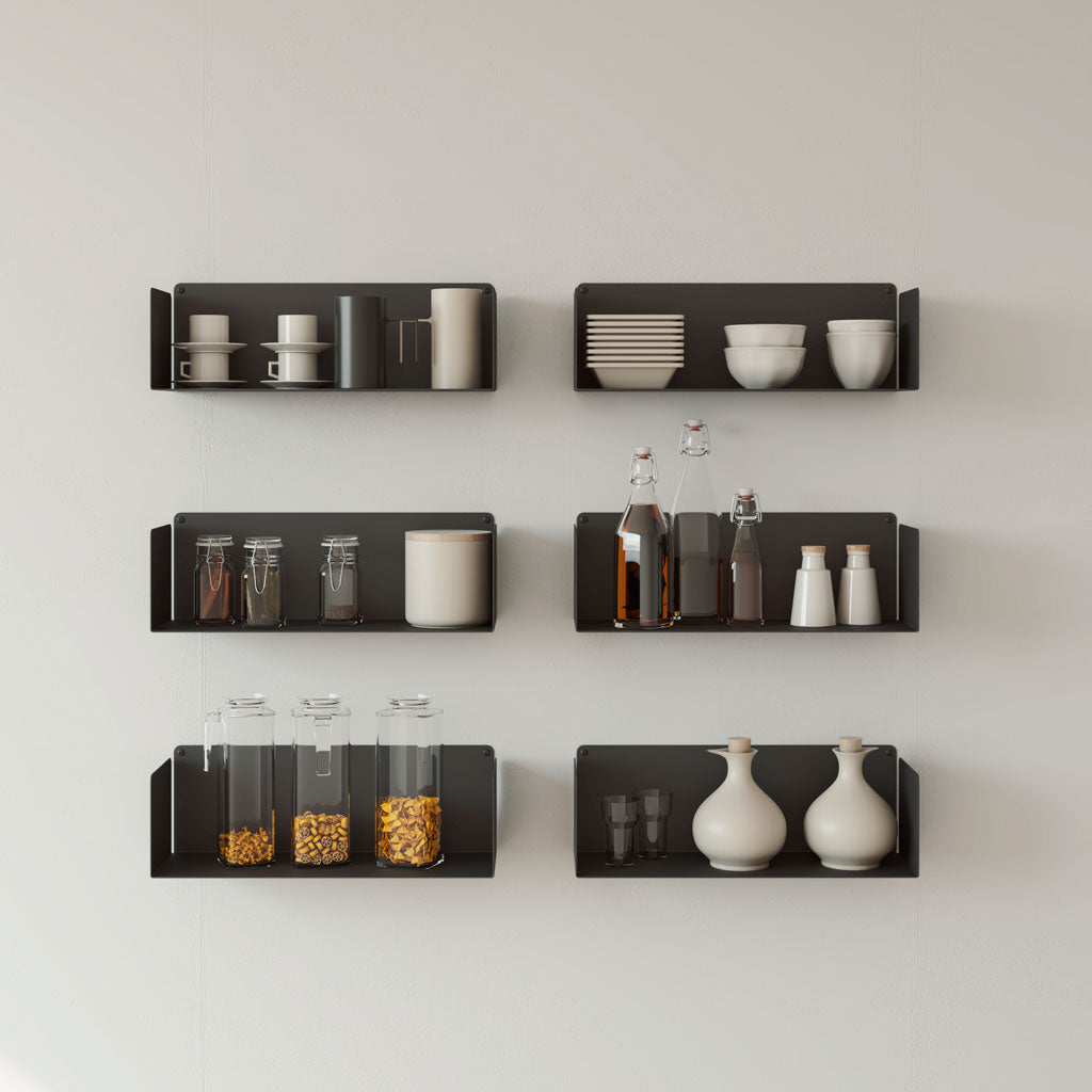 Pack 6 estantes flotantes de cocina para pared, metal negro, 45cm, con botes, utensilios y menaje, almacenaje y decoración