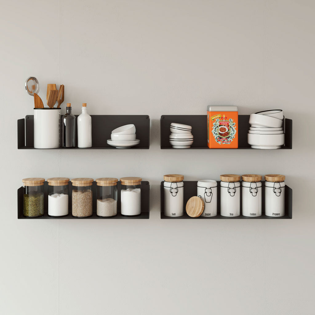 Pack 4 estantes suspendidos pared cocina en metal negro, con botes y especieros, 60cm
