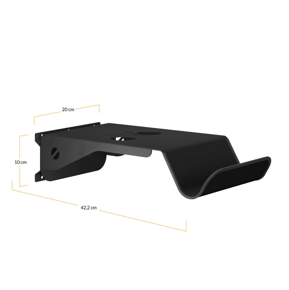 Medidas del soporte de bicicleta de pared giratorio negro, fabricado en metal y diseñado para bicicletas con cuadro inclinado o manillar ancho.