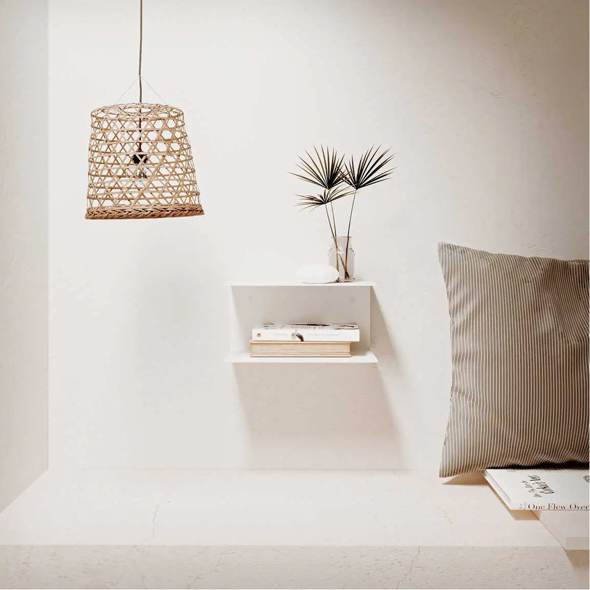Mesitas de noche flotantes metálicas de pared, con soporte para libros, diseño moderno, acero blanco y negro