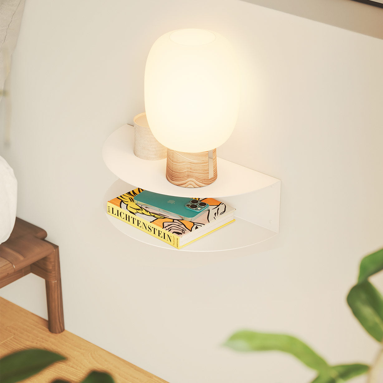 Mesita de noche flotante blanca, 2 baldas de metal para libros, 40cm