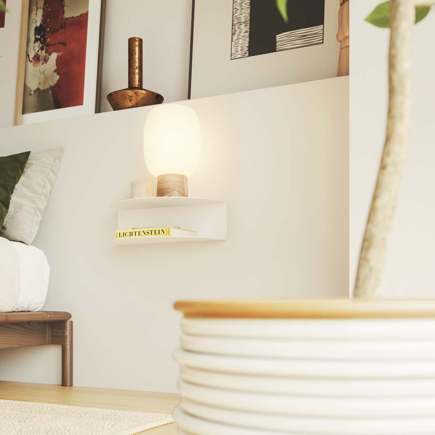 Mesita de noche flotante blanca semicircular, metal, 40cm, con 2 baldas