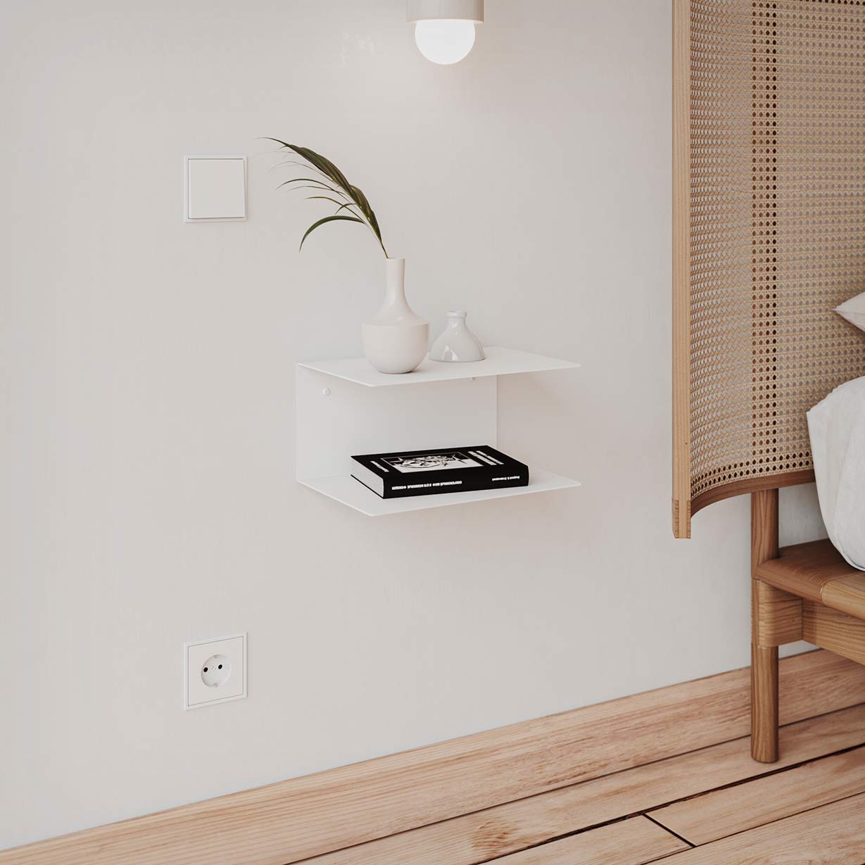 Mesita de noche flotante para pared blanca con dos baldas