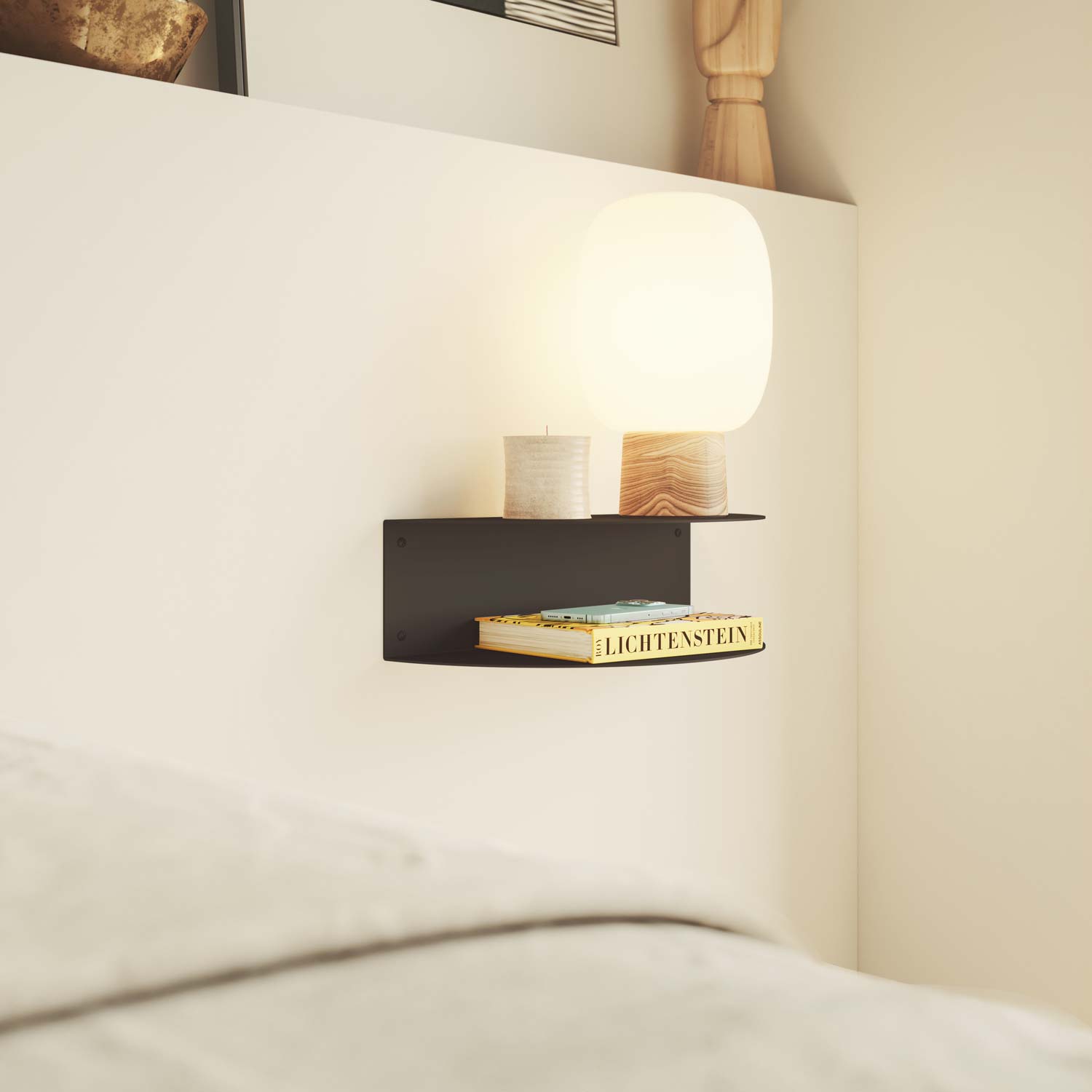 Mesita de noche flotante negra para pared, diseño redondo moderno, metal