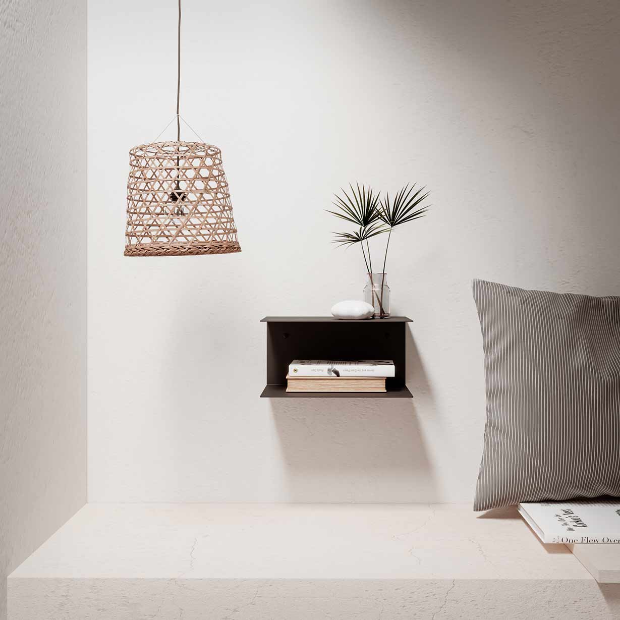 Mesita de noche flotante de dos baldas negra, estilo minimalista