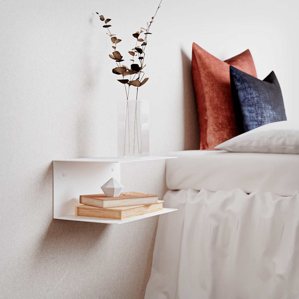 Mesita de noche flotante blanca con dos repisas