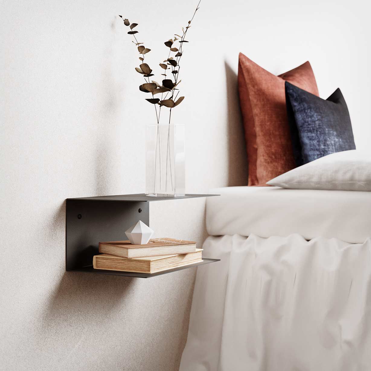 Mesita de noche moderna metálica en negro con dos baldas