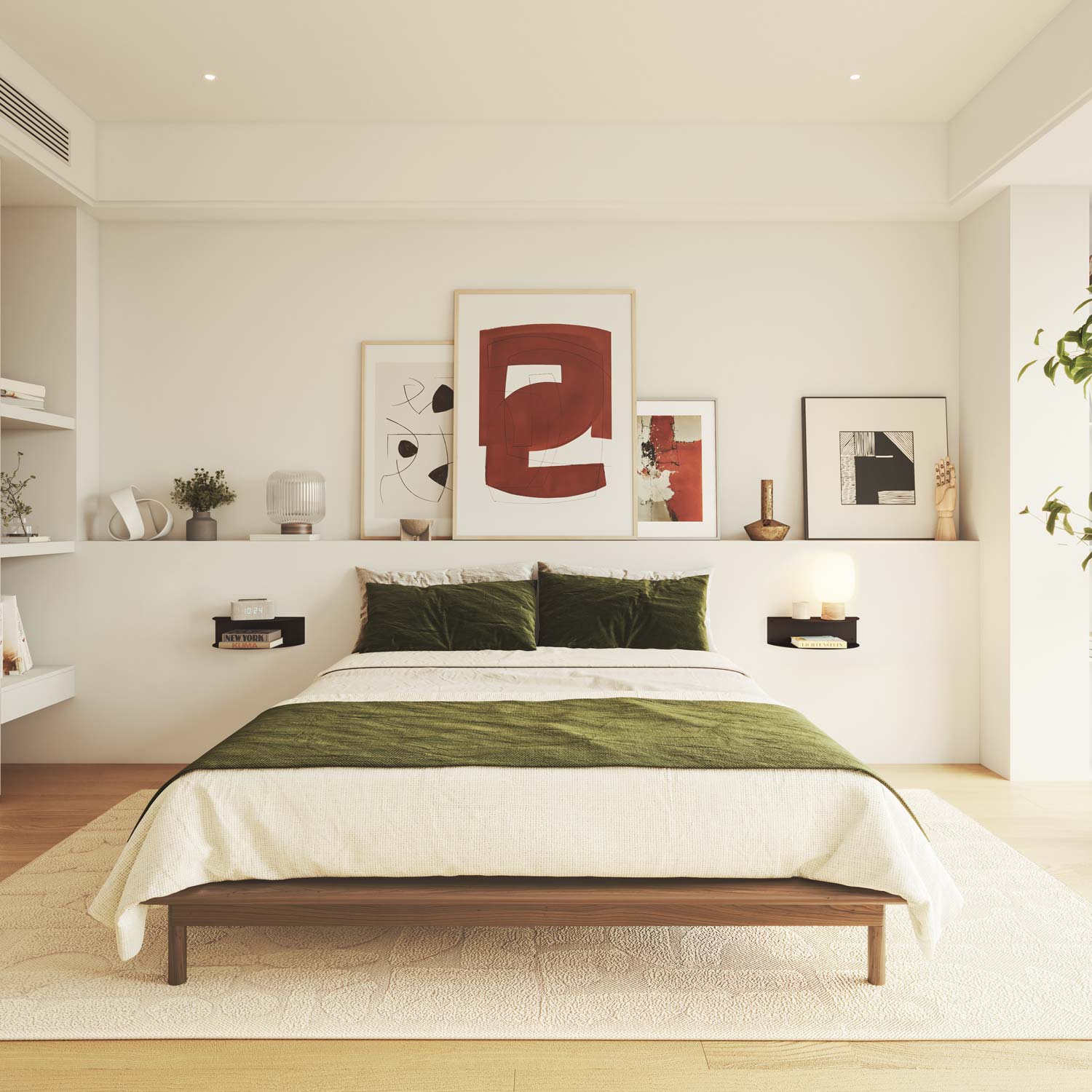 Mesitas de noche negras flotantes en dormitorio, diseño circular en metal, minimalista