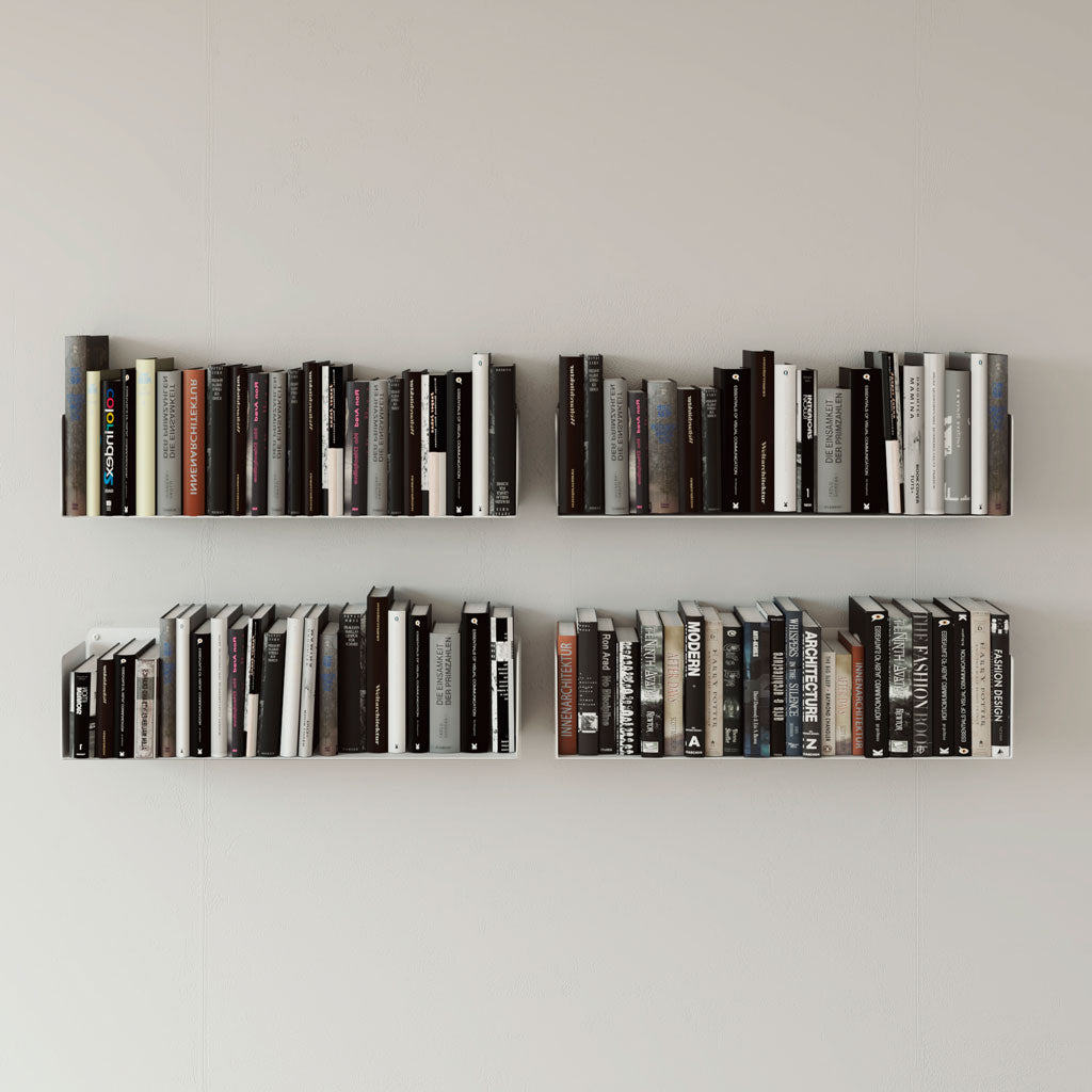 pack de 4 estantes flotantes metálicos blancos con libros en la pared