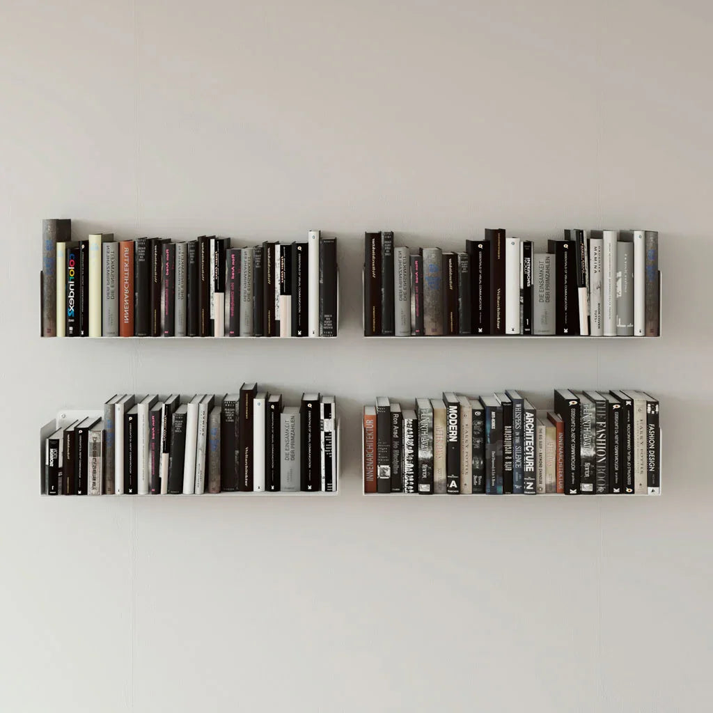 pack de 4 estantes flotantes metálicos blancos con libros en la pared