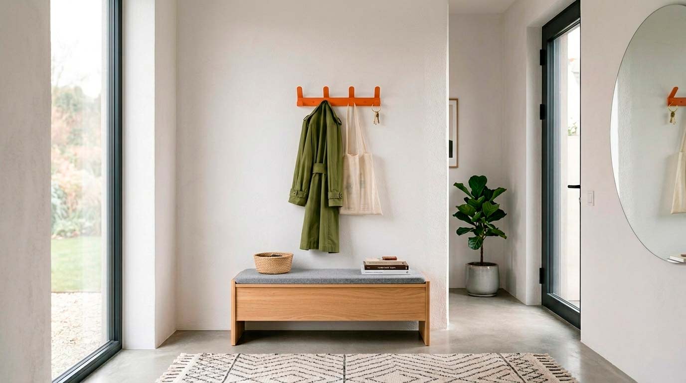 Perchero de pared de metal naranja para recibidor o entrada de casa, ganchos para colgar ropa