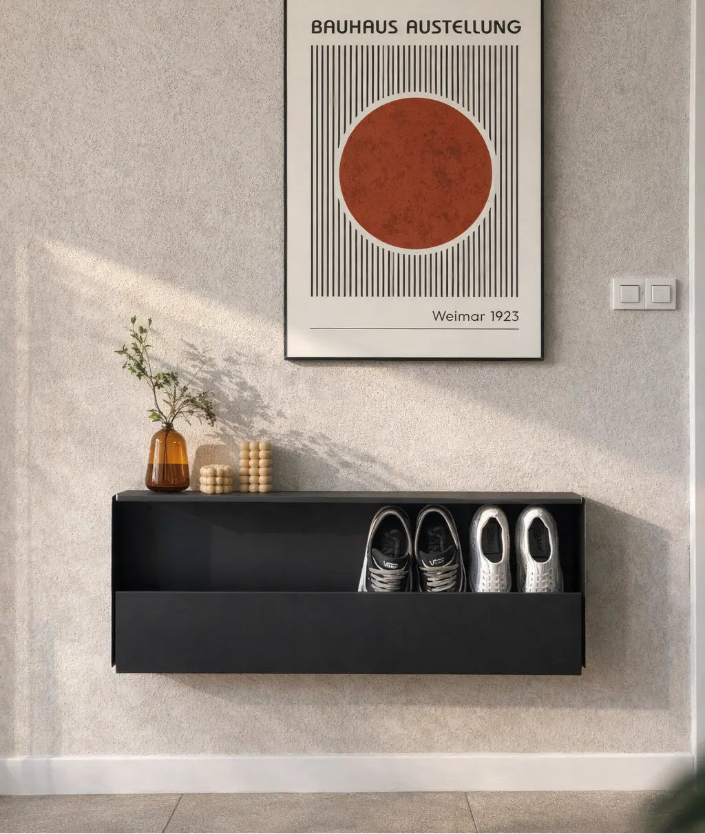 Zapateros flotantes metálicos de pared para cuatro pares de zapatos, diseño moderno y minimalista, blanco, negro y colores, aluminio, para reibidor