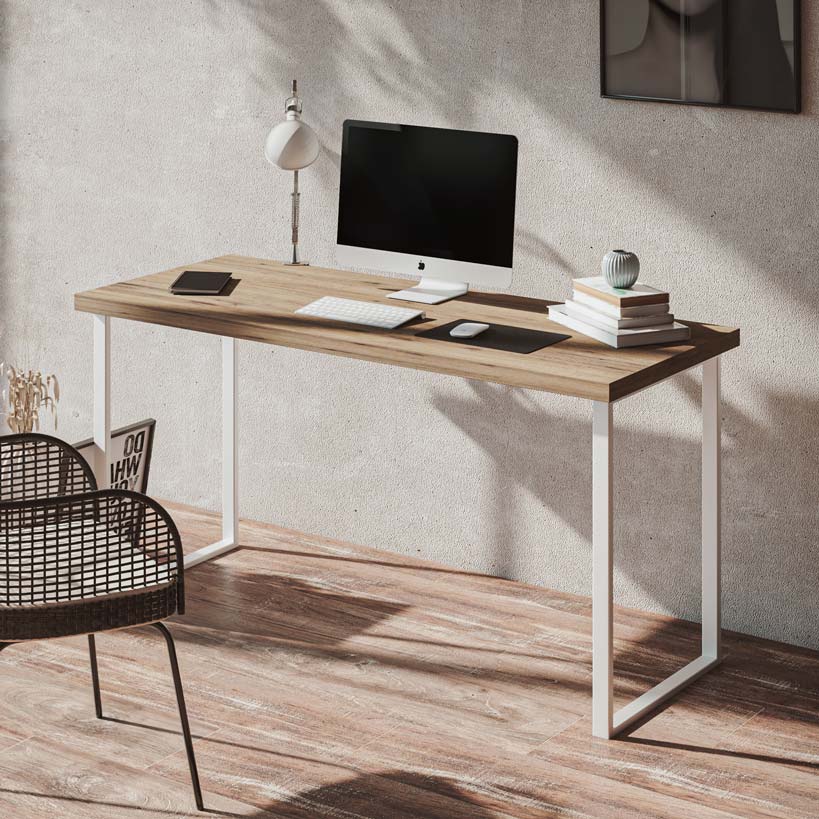 Mesa de escritorio moderna, melamina, patas metálicas, acero blanco, para estudio o habitación o home office