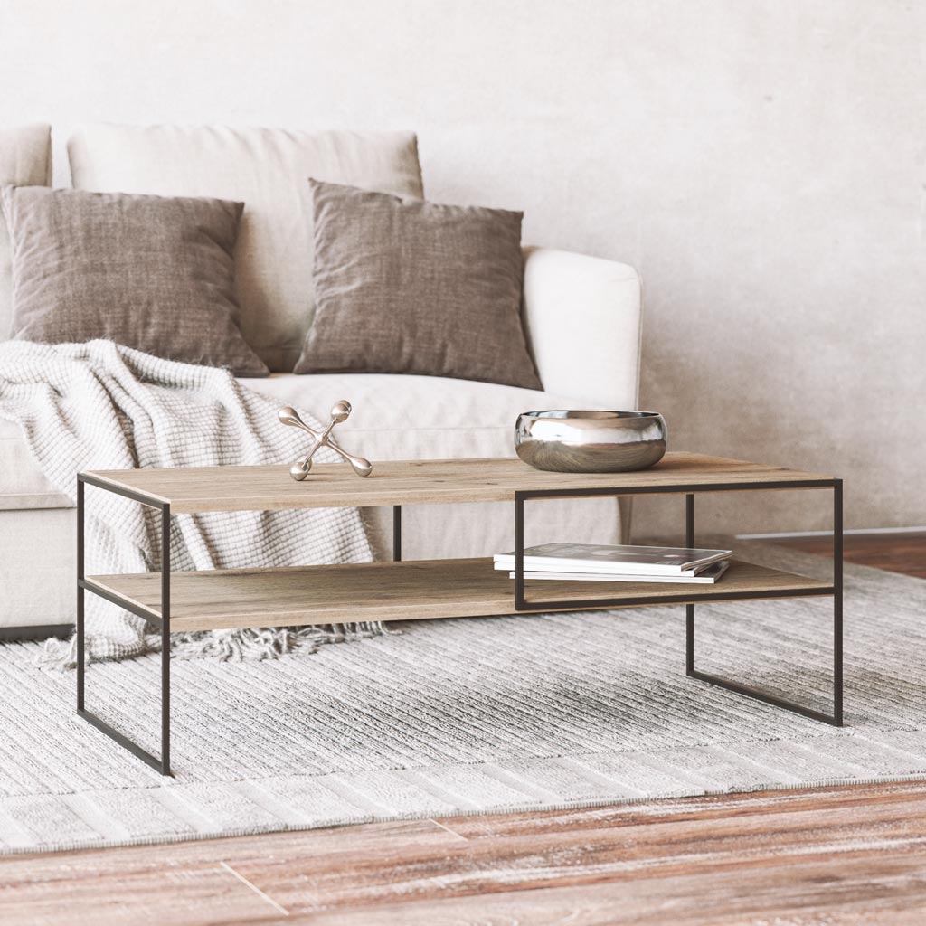 Mesa de centro melamina moderna, patas metal negro