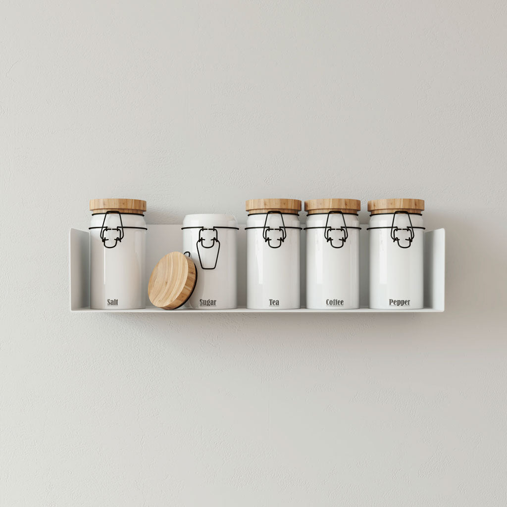 Estante de cocina flotante pared, metal blanco, con botes especias