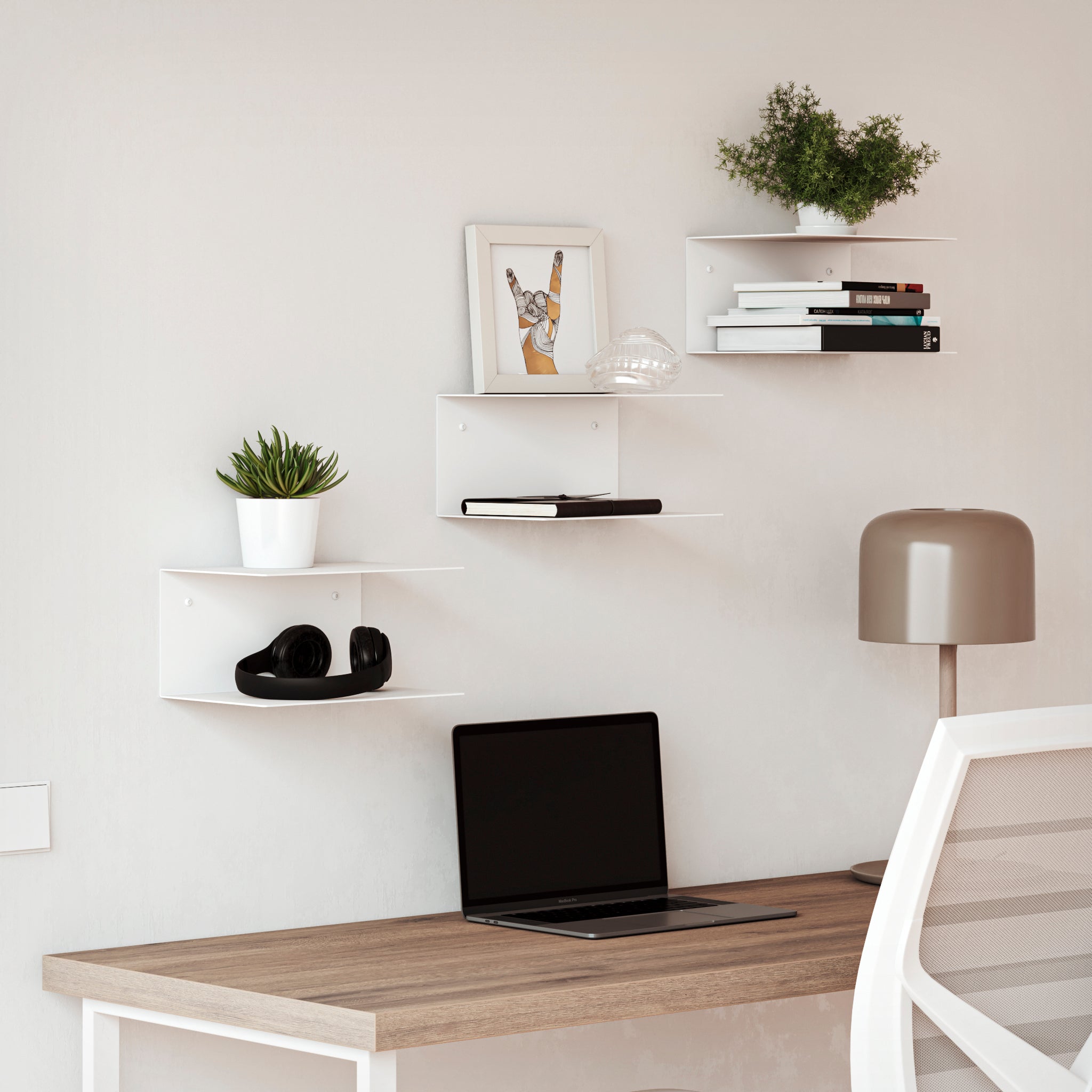 Estante flotante de pared blanco para oficina o estudio