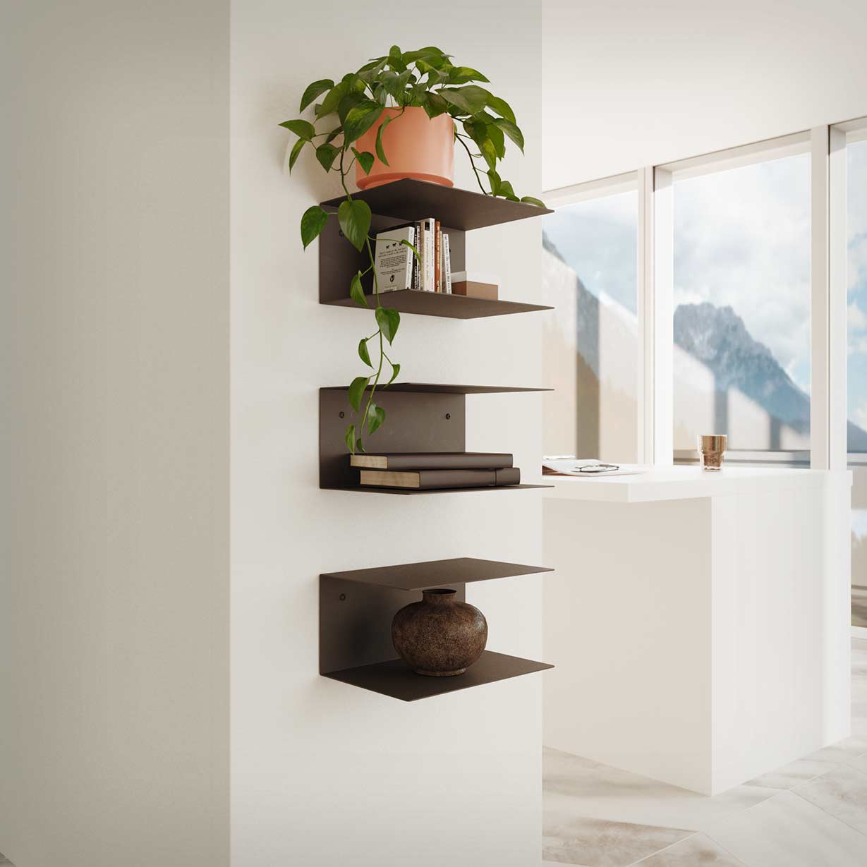 Estante mesita de noche flotante negro con dos baldas estilo moderno