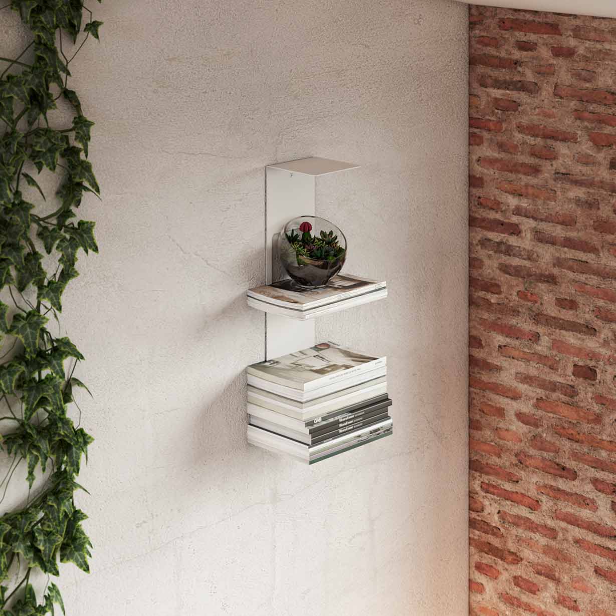 Estante vertical flotante de pared para libros en acero blanco