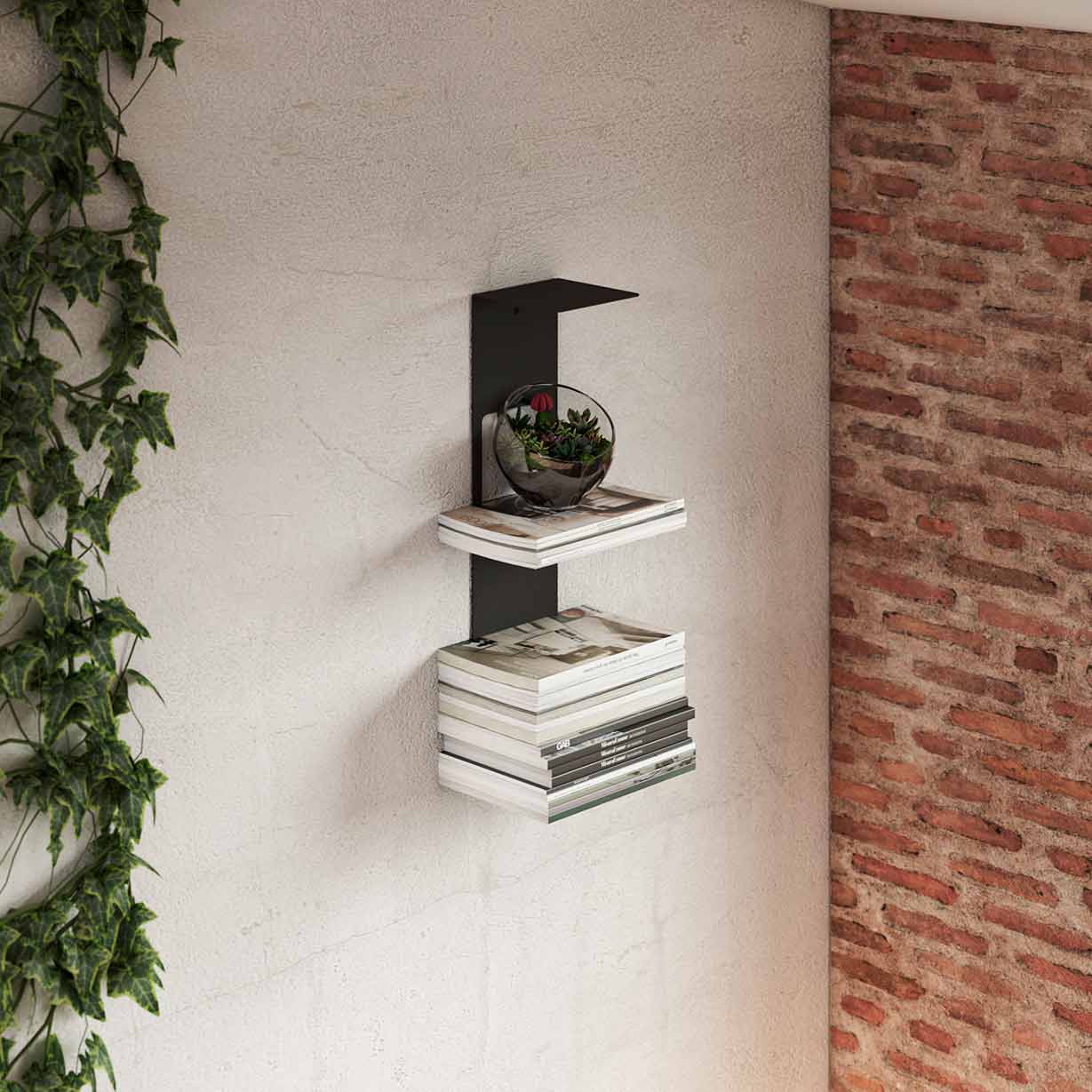 Estante vertical metálico flotante con libros en pared, diseño moderno