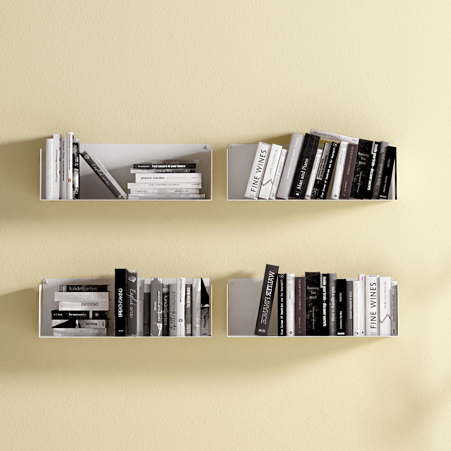 Juego 4 Estantes para libros colgantes de pared en blanco mate 45cm
