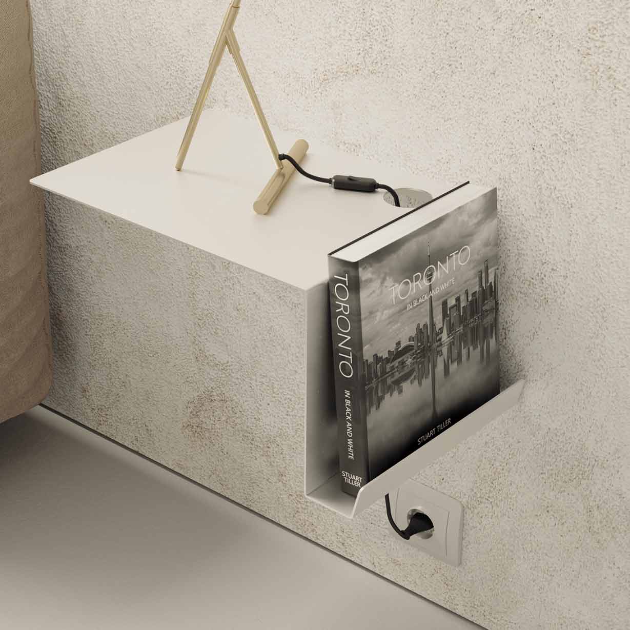 Mesilla de noche flotante con pasacables de acero blanco