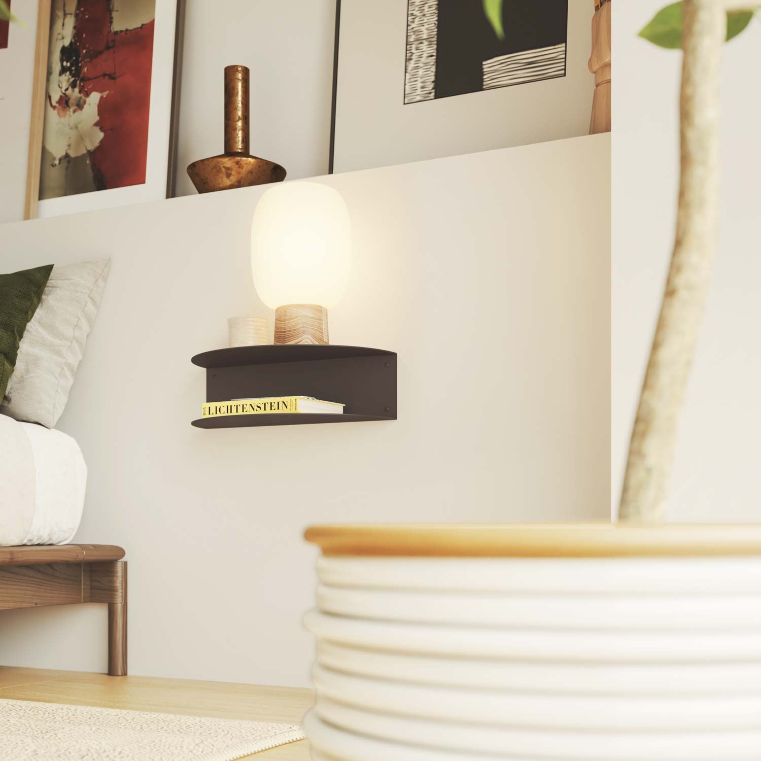 Mesilla de noche estrecha de pared, metálica flotante, acero negro, 40cm