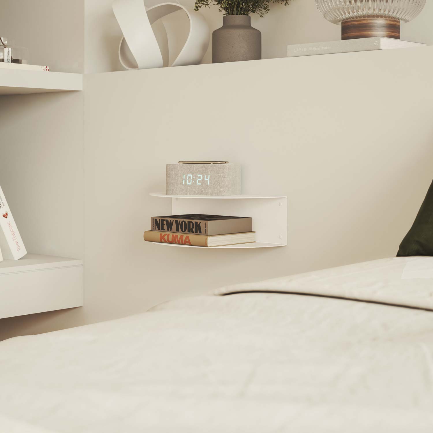 Mesita de noche metálica de pared para dormitorio moderno, acero blanco, diseño flotante
