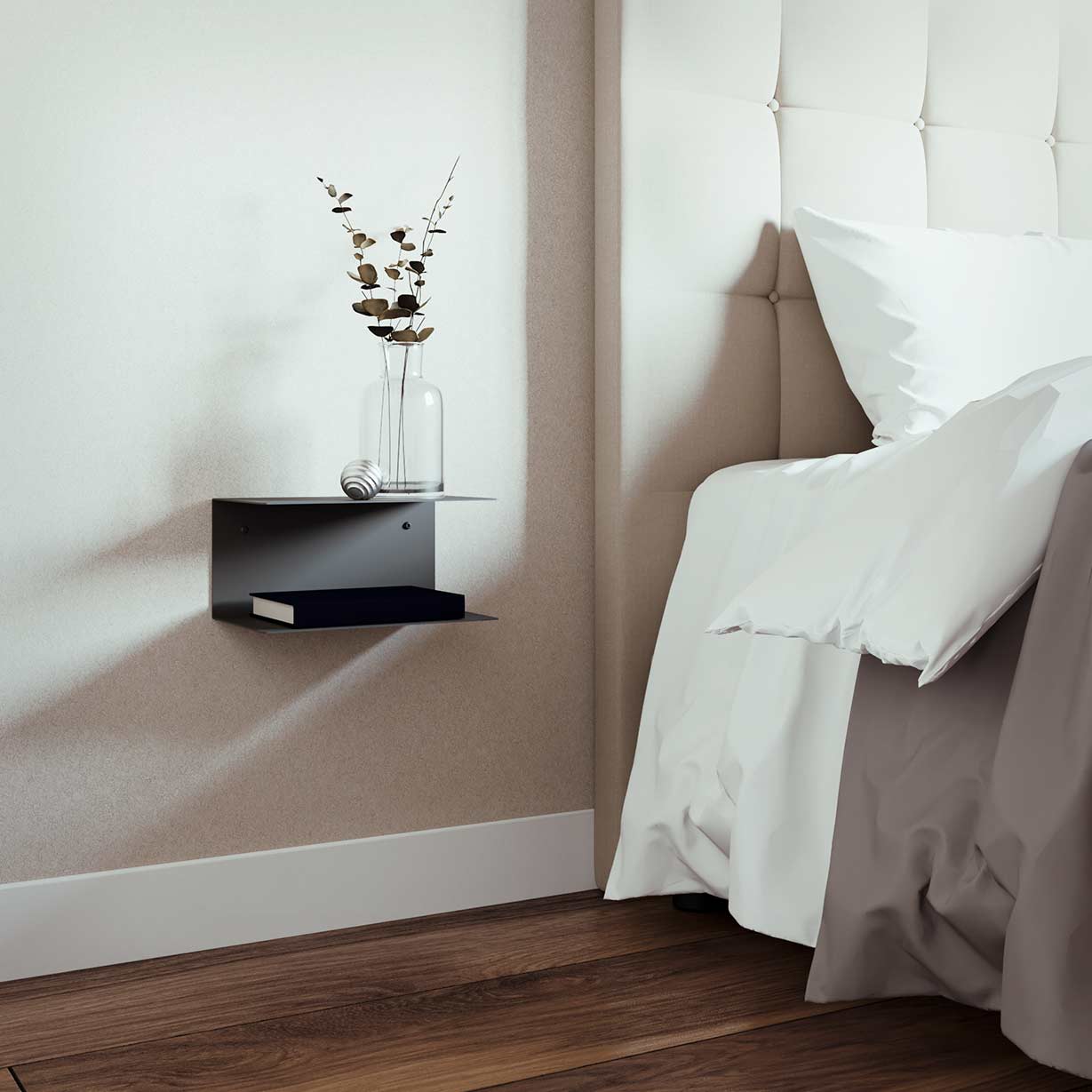 Mesita de noche estrecha de metal negro con dos repisas