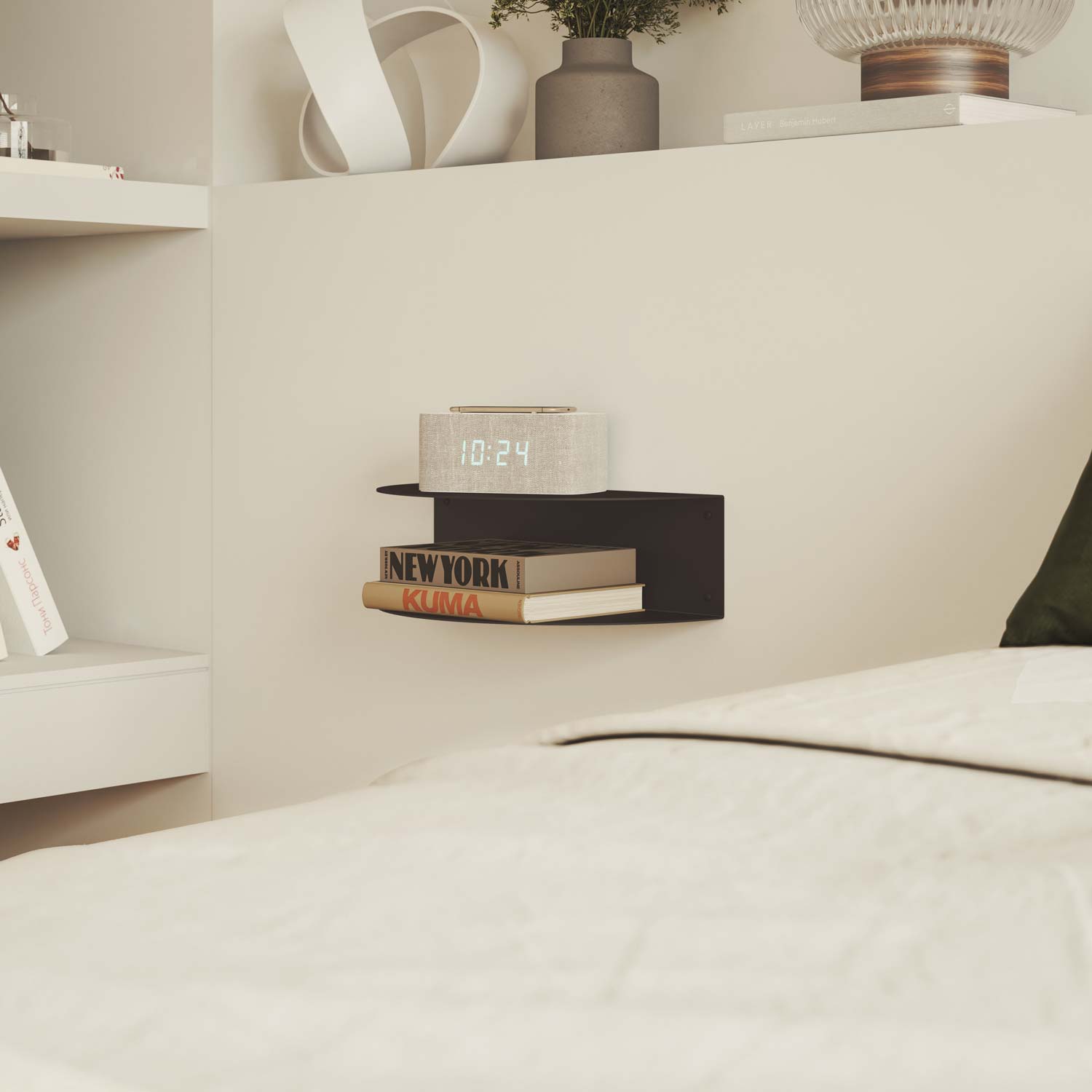 Mesita de noche negra circular, metálica flotante para pared, minimalista