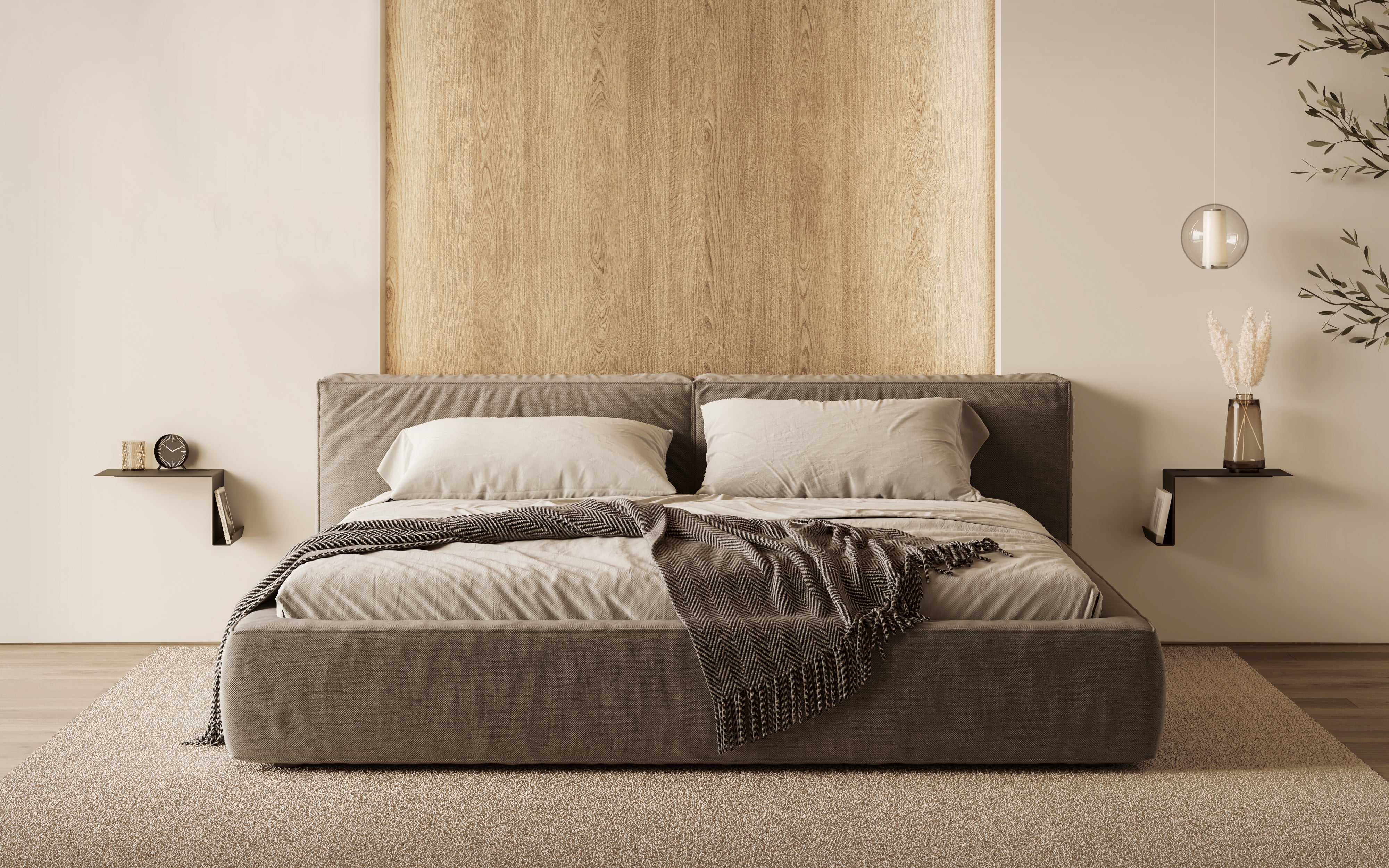 Mesitas de noche minimalistas flotantes de metal en dormitorio moderno Kion Home, negras