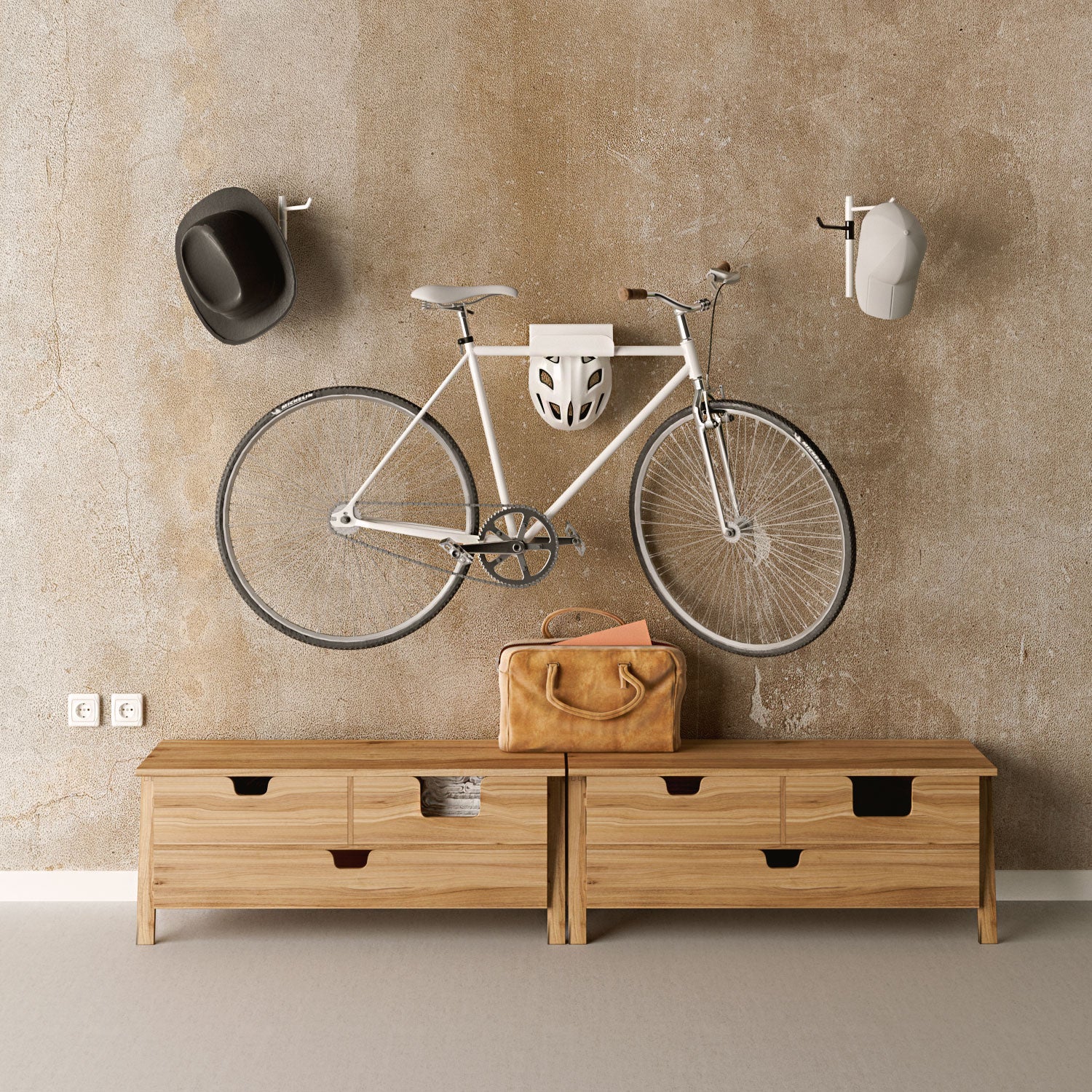 Soporte de bicicletas para pared blanco metálico, gancho para casco y balda accesorios