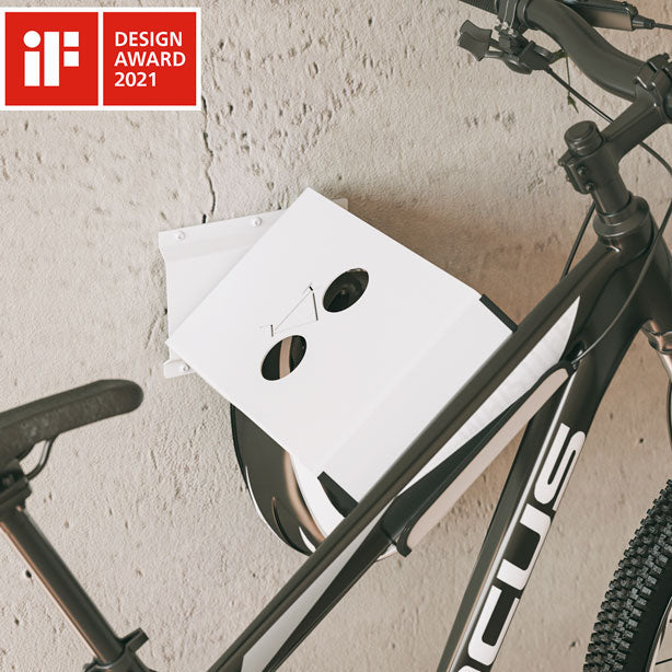 Soporte colgador de bicis pared, resistente y moderno, metal acero blanco mate, manillares hasta 76cm
