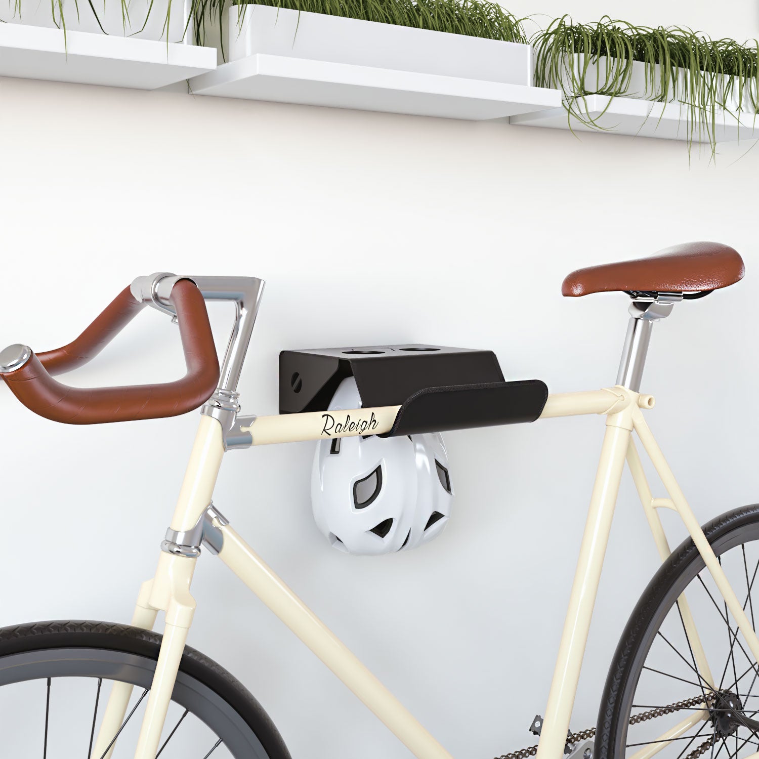 Soporte de bici para pared negro, acero resistente, rack horizontal con gancho casco y balda para accesorios