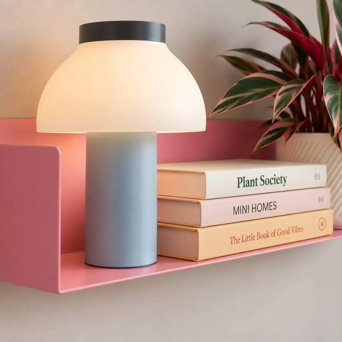 chapa metálica de acero rosa del estante flotante alysa color, con lamparita libros y planta, flotante en pared, 60cm