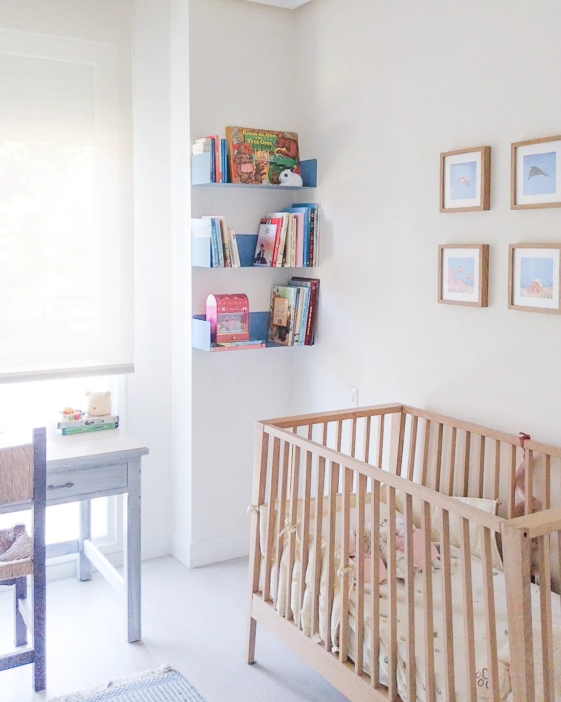 blue floating shelves for kids' room, wall ledges for books and children's decor