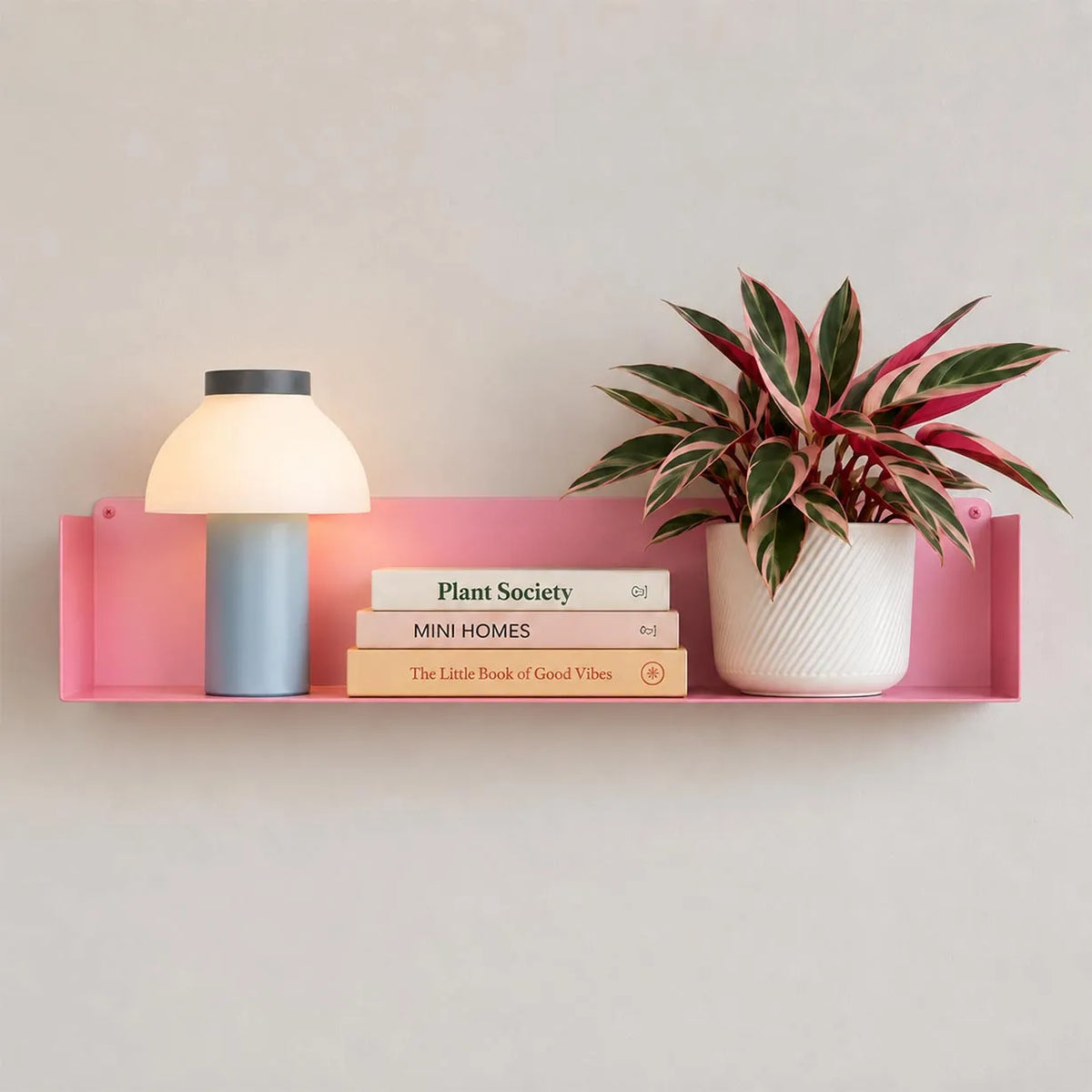estante flotante color rosa pastel, metálico para pared, libros cocina o decoración, acero 60cm