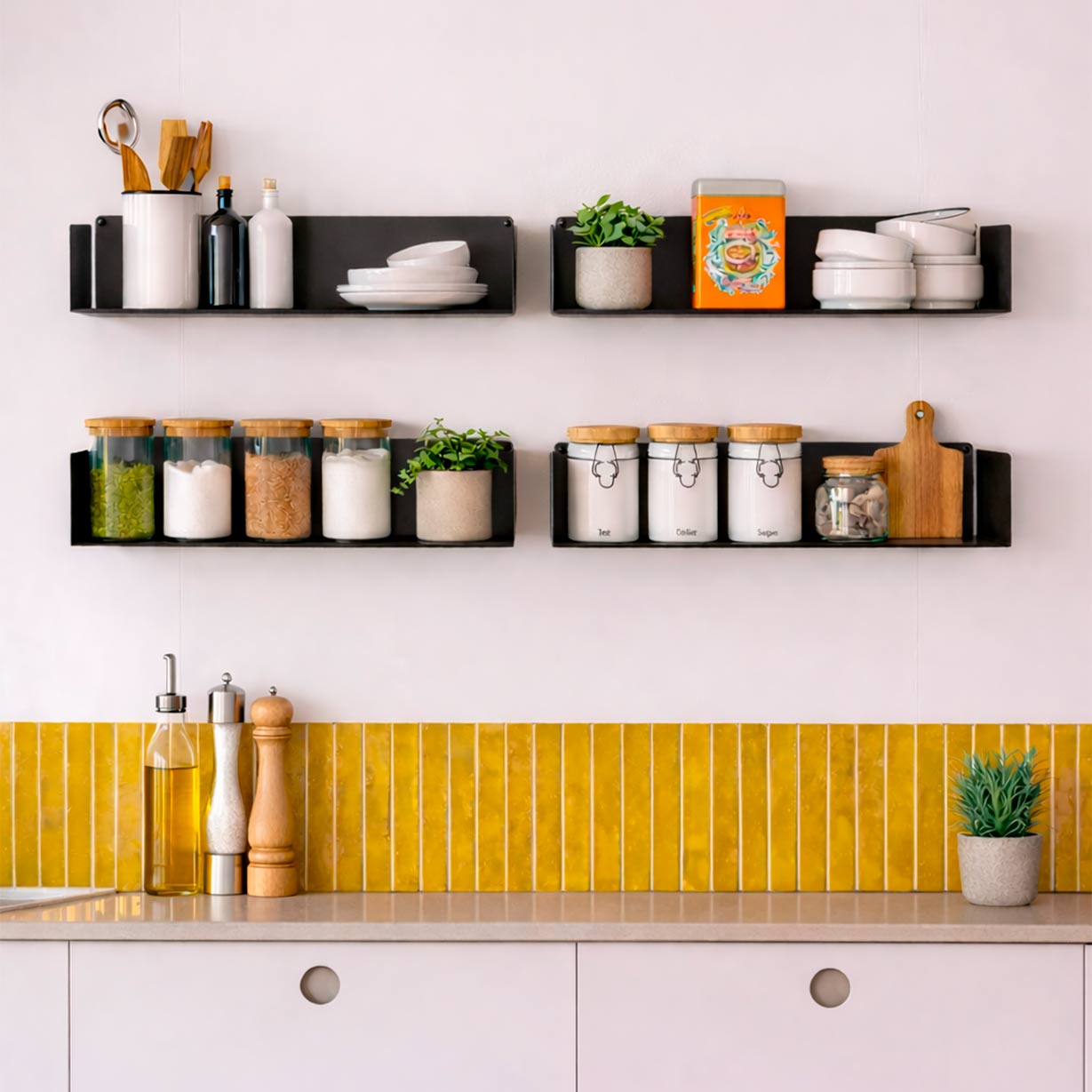 Estantes de cocina negros para pared, metal acero, fondo 20cm, botes, utensilios, organizar cocina pequeña